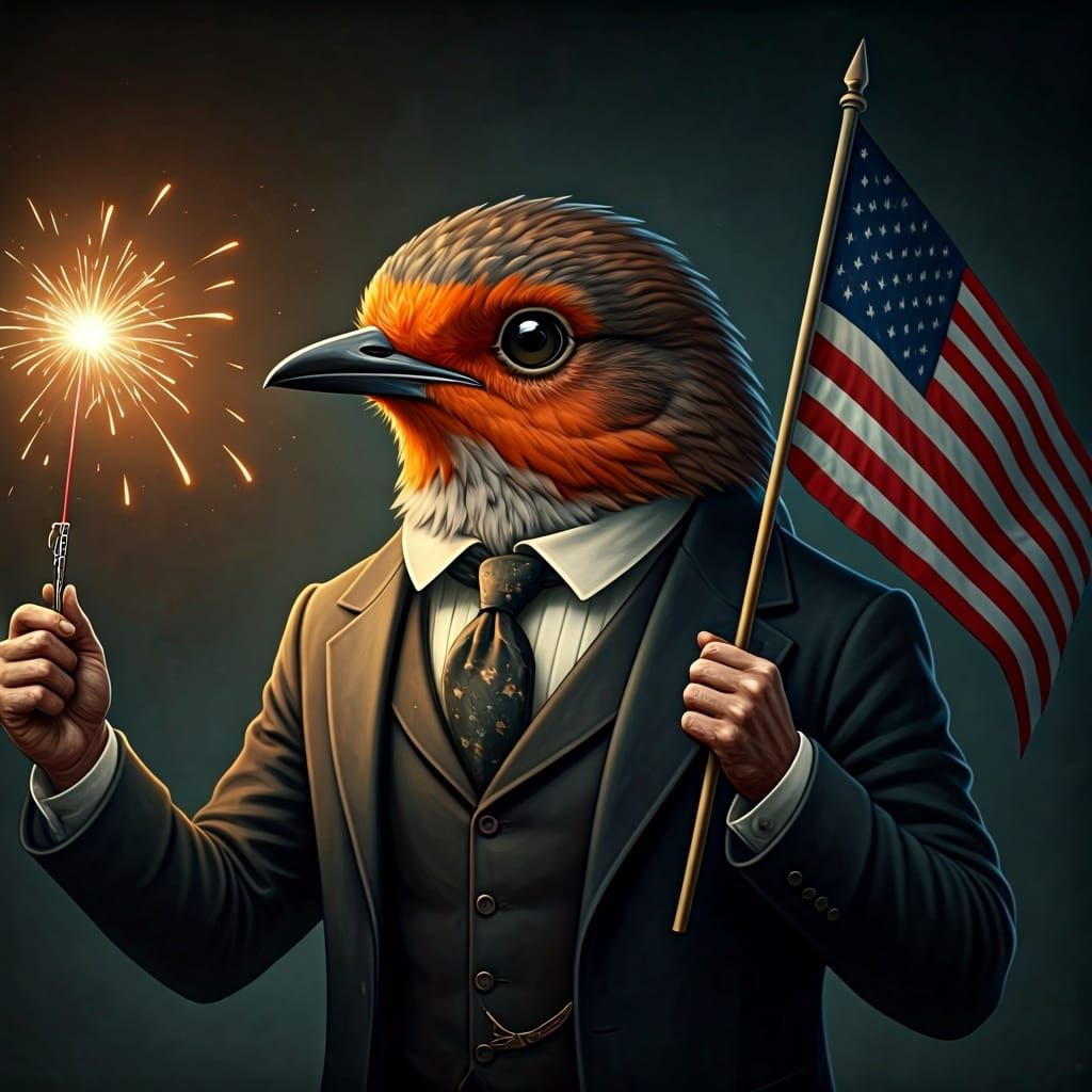 Victorian Robin Waving Flag, Fairytale Illustration