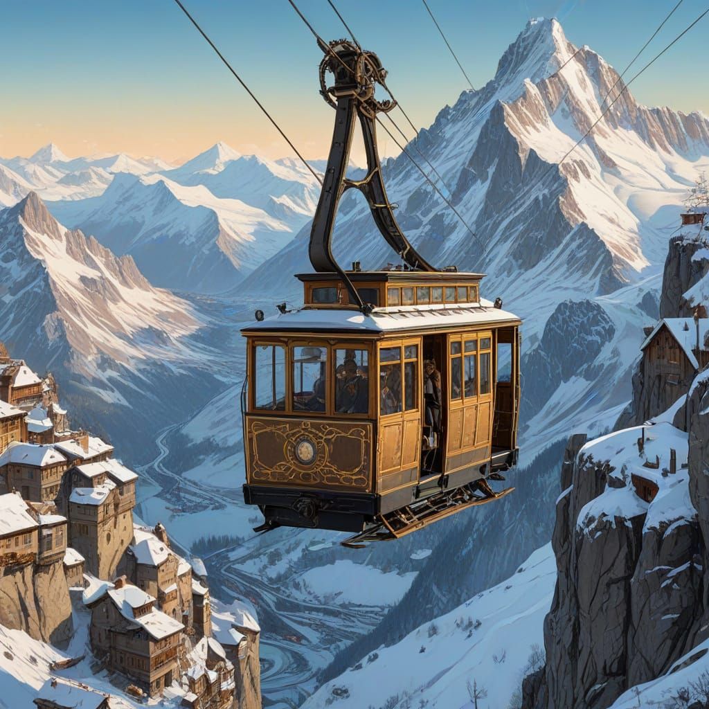 Steampunk Cable Car Over Snowy Alps in Fantasy Style