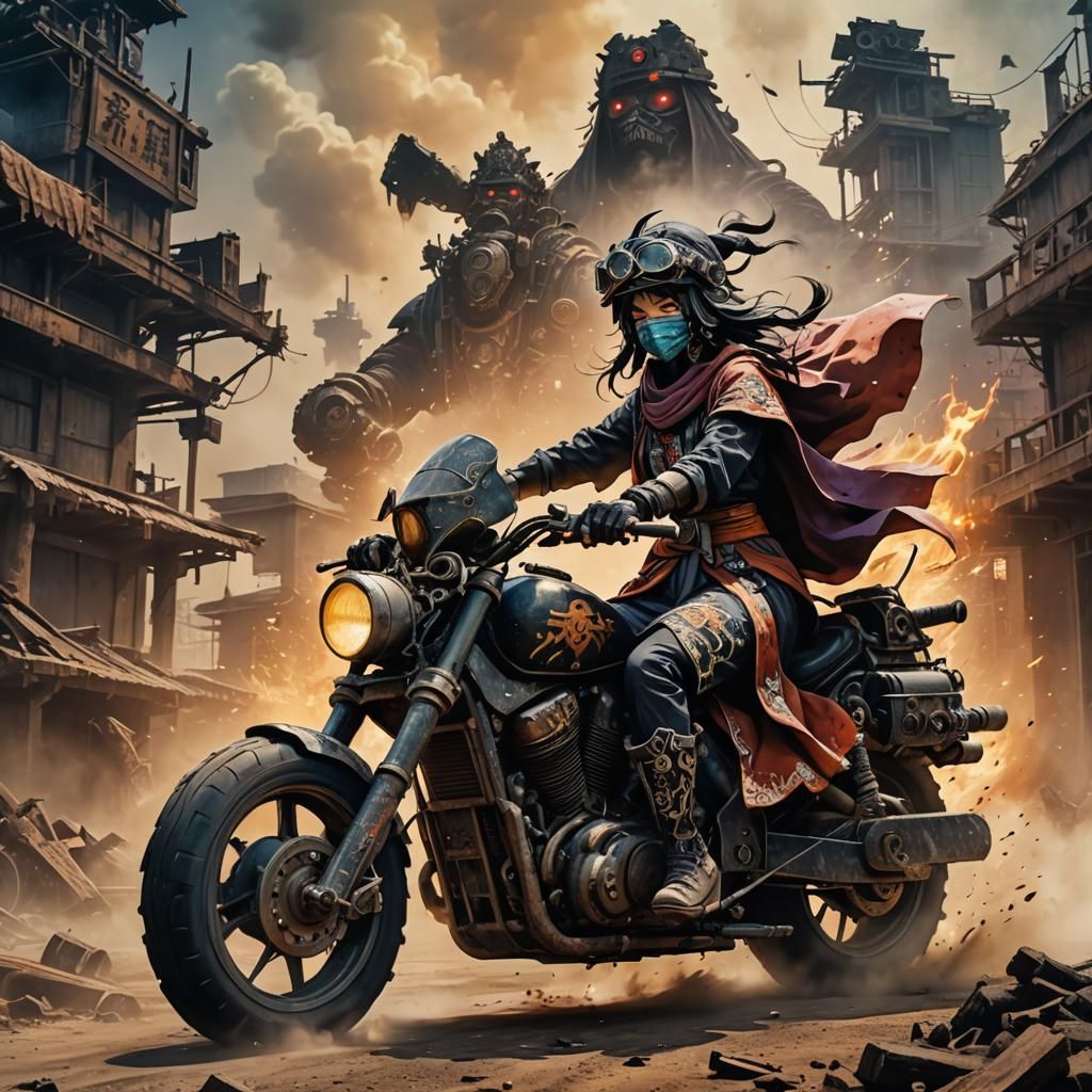 Anime Priestess Rides Motorcycle in Wasteland