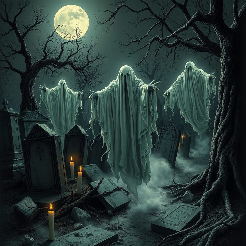 Ethereal Spirits in Moonlit Cemetery, Mystical Art