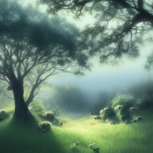 Misty Field Landscape with Rabbits in Anime Style