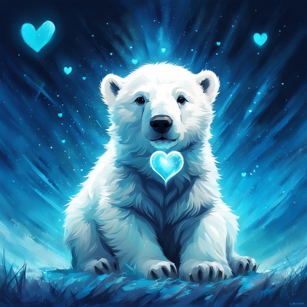 Cute Polar Bear Cub in Bioluminescent Love Field