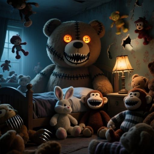 Menacing Plush Toys in Nightmare Bedroom, Cinematic Style