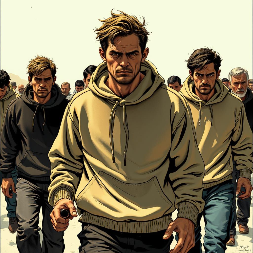 Determined Adventurers Walking Away in Gritty High-Contrast ...