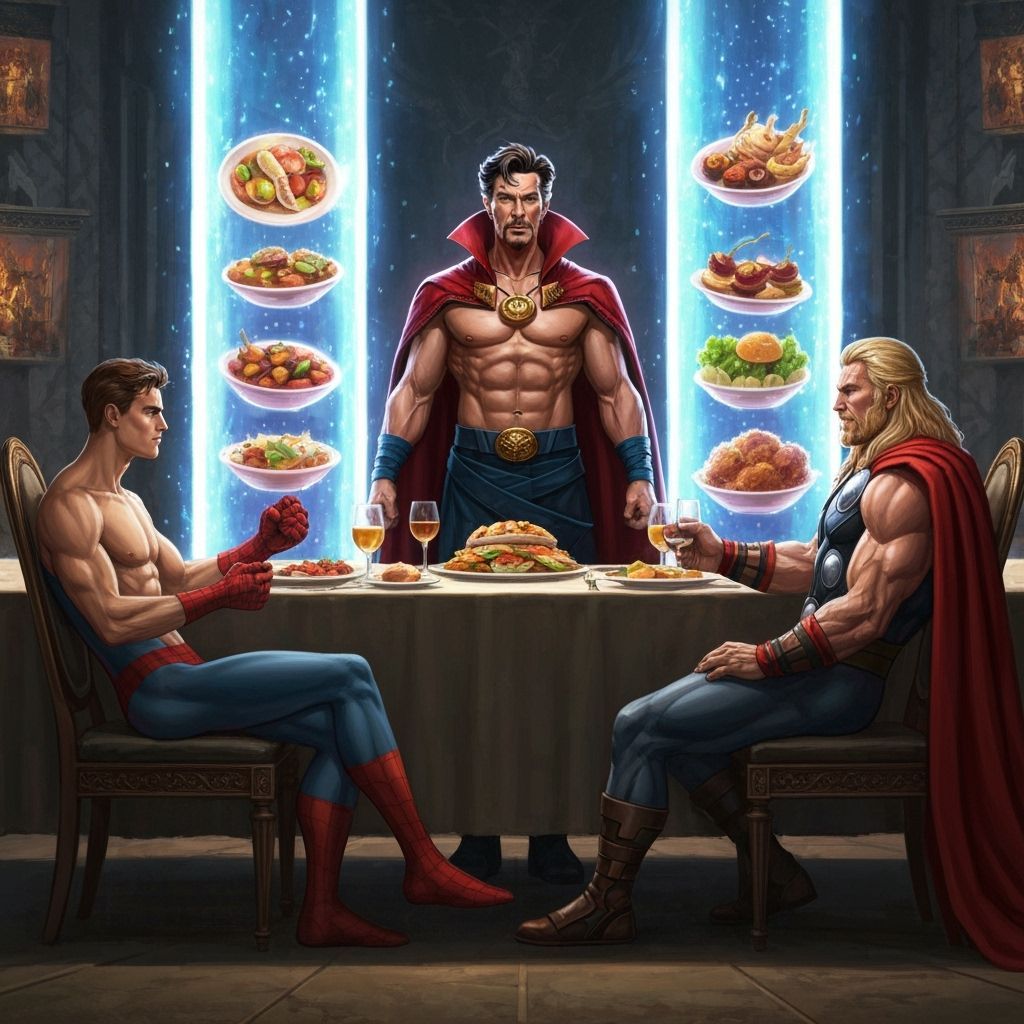 Shirtless Heroes Feast: Dr. Strange, Spider-Man & Thor