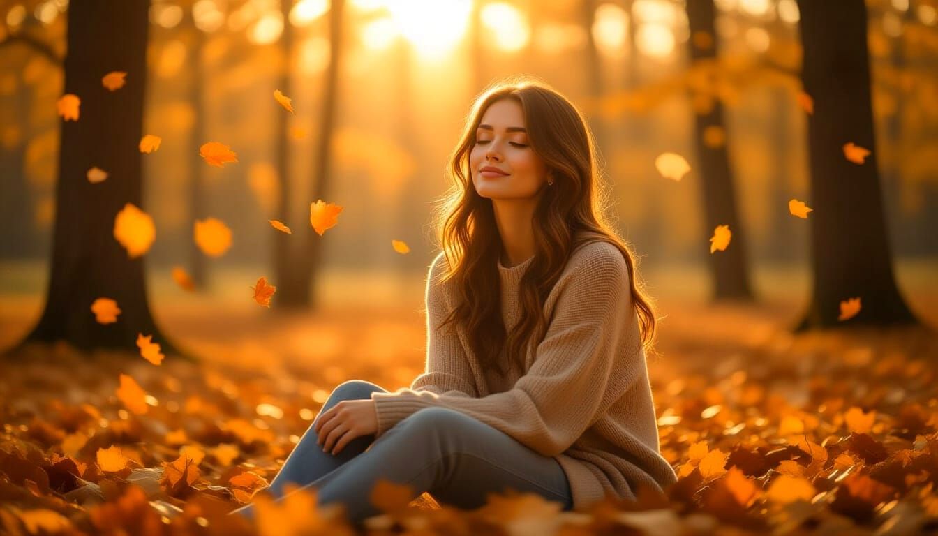 Serene Woman in Sunlit Forest Clearing