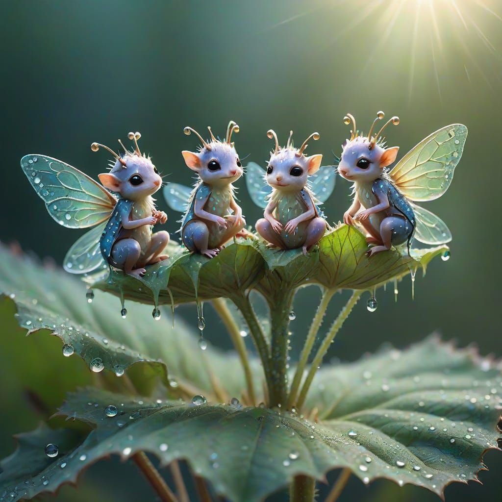 Tiny Fairytale Creatures on Burdock Leaf in Surreal Style