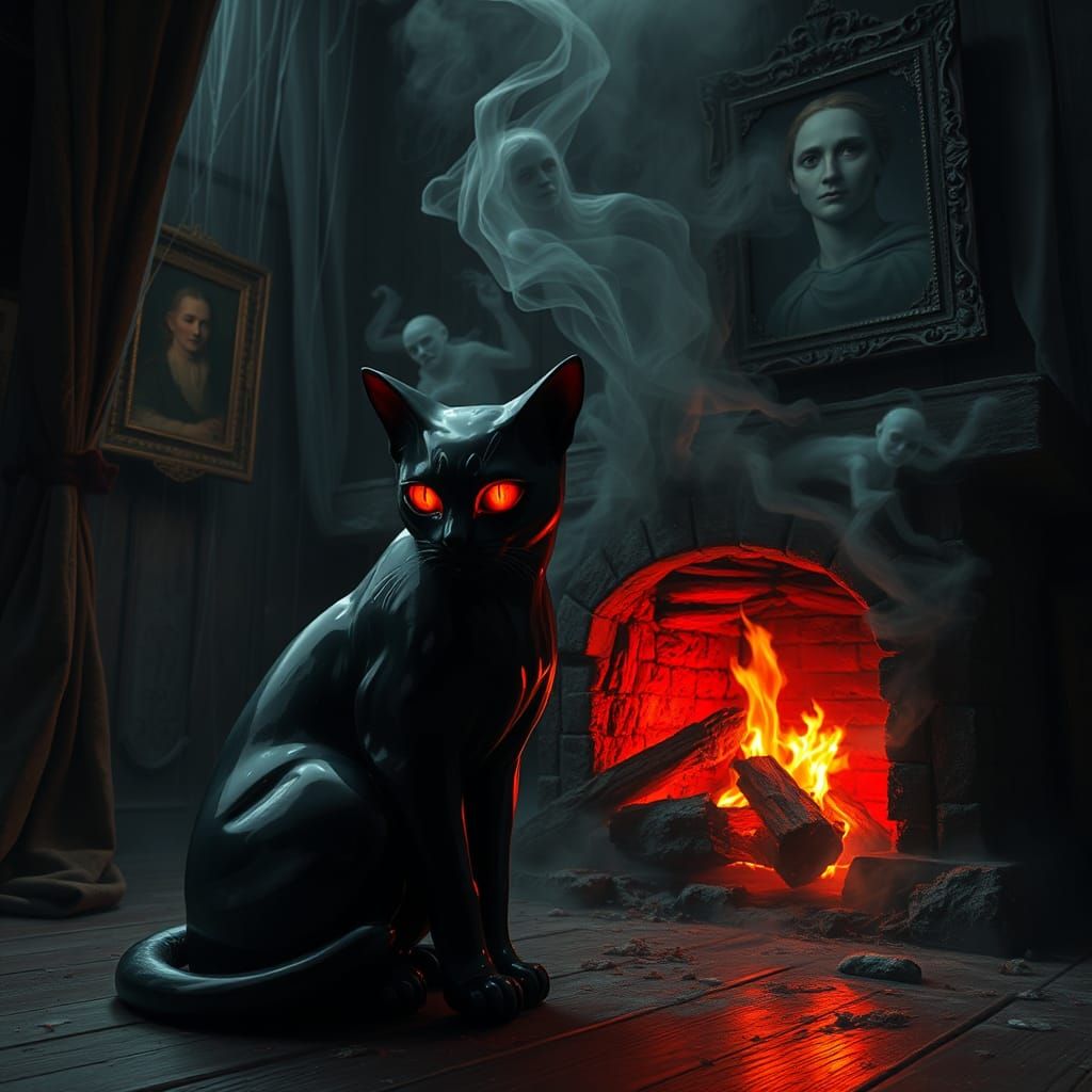 Eerie Glass Cat in Gothic Horror Scene