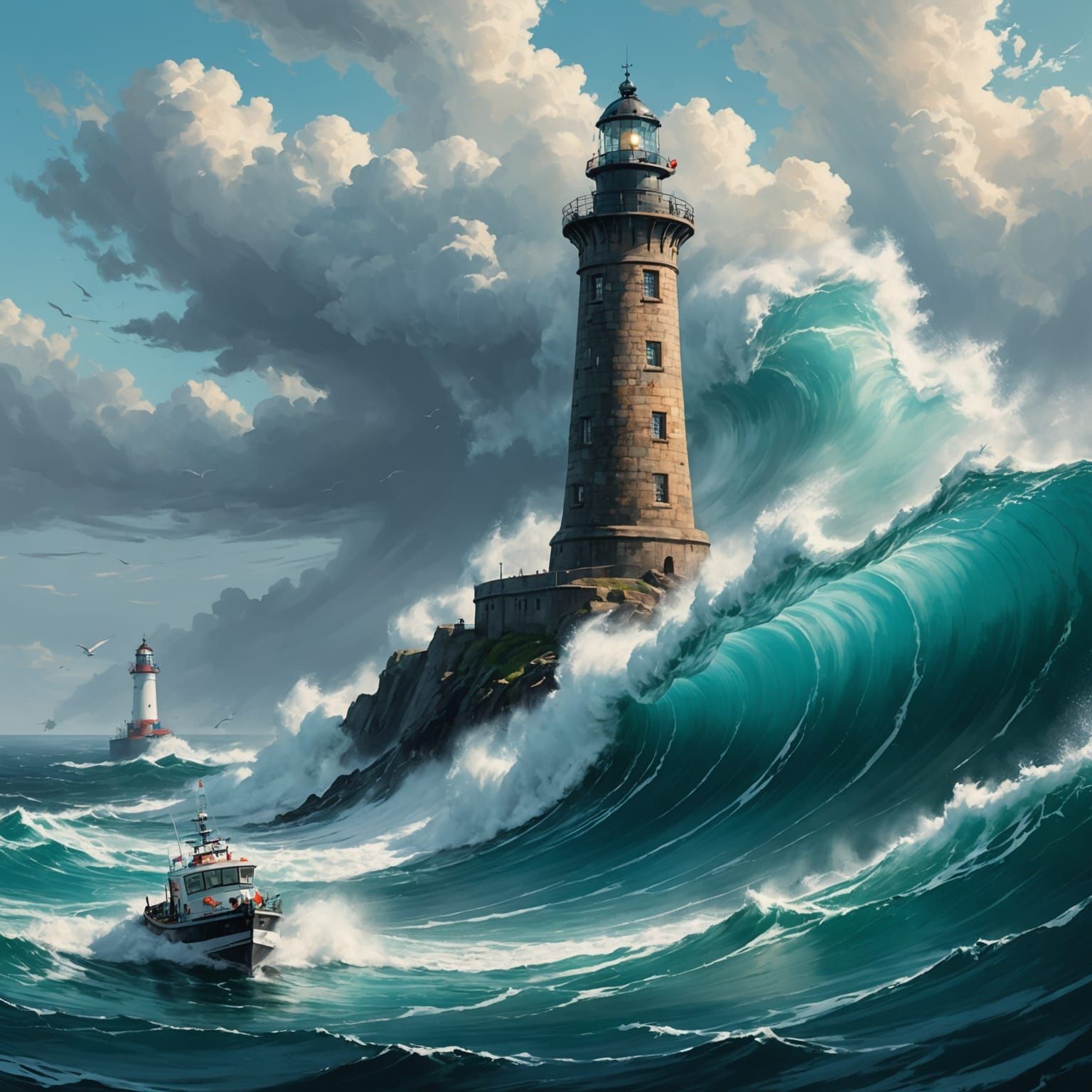 German Lighthouse Battles Turquoise Waves
