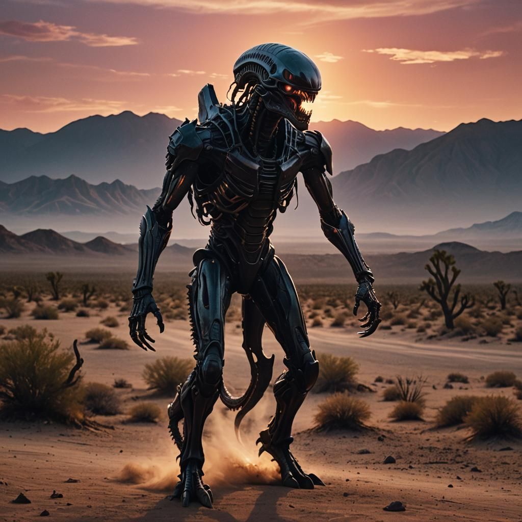 Xenomorph Silhouette in Desert Sunset: Cinematic Film Still