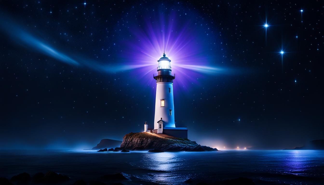 Lighthouse Under Starry Sky in Hyperrealistic Style