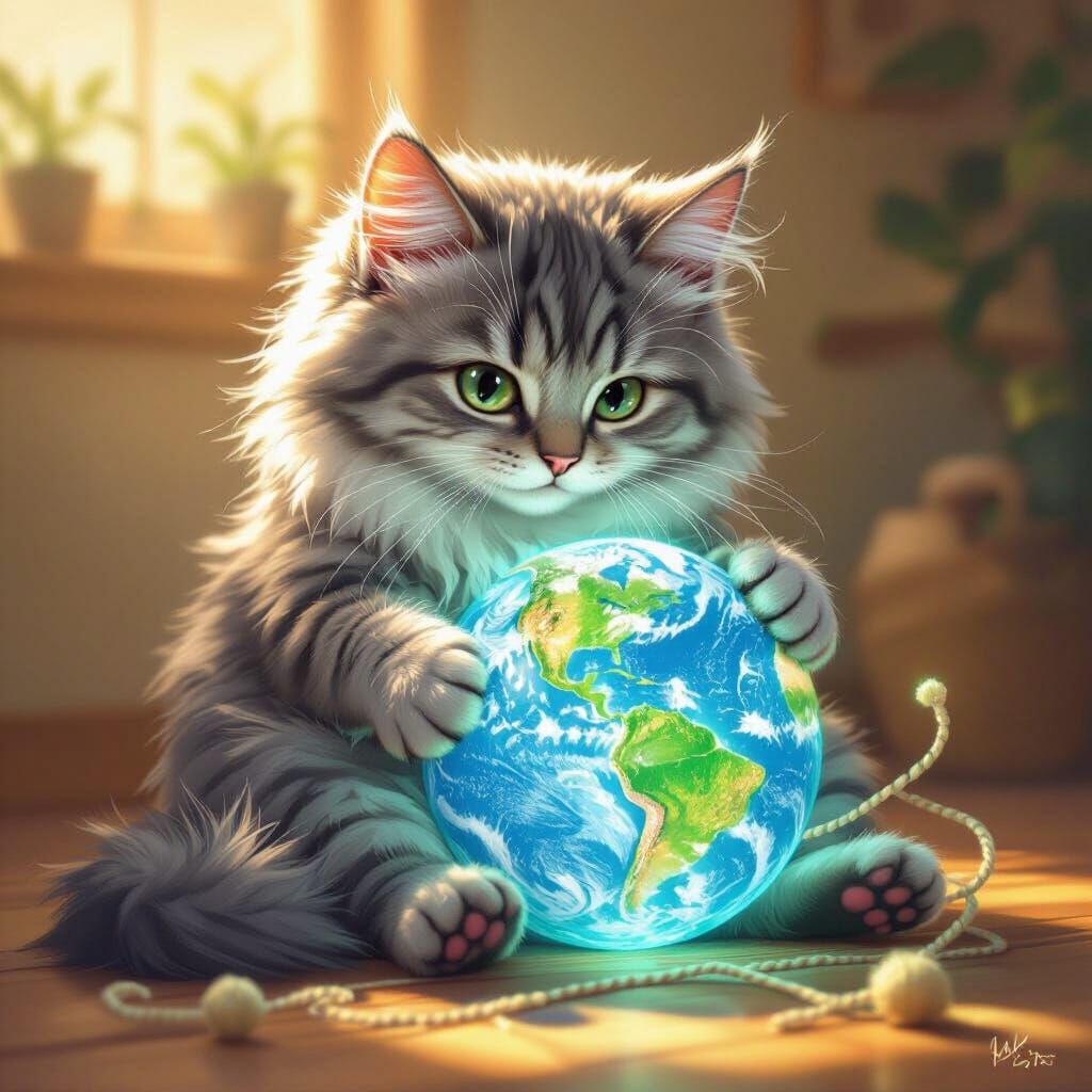 Cat Plays With Earth in Realistic Style