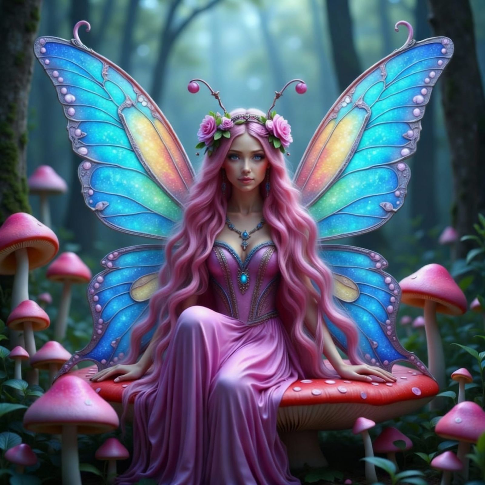 Fairy with Blue Butterfly Wings on Giant Mushroom