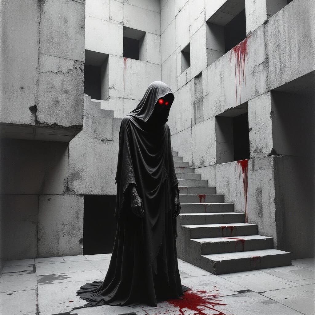 Gaunt Figure in Brutalist Labyrinth: Da Vinci-Inspired Chiar...