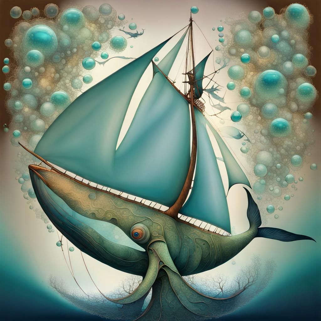 Flying Whale-Fish Hybrid on Ethereal Seas: Gouache Painting