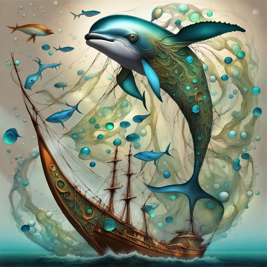 Surreal Flying Whale-Fish Hybrid Sailing Boat