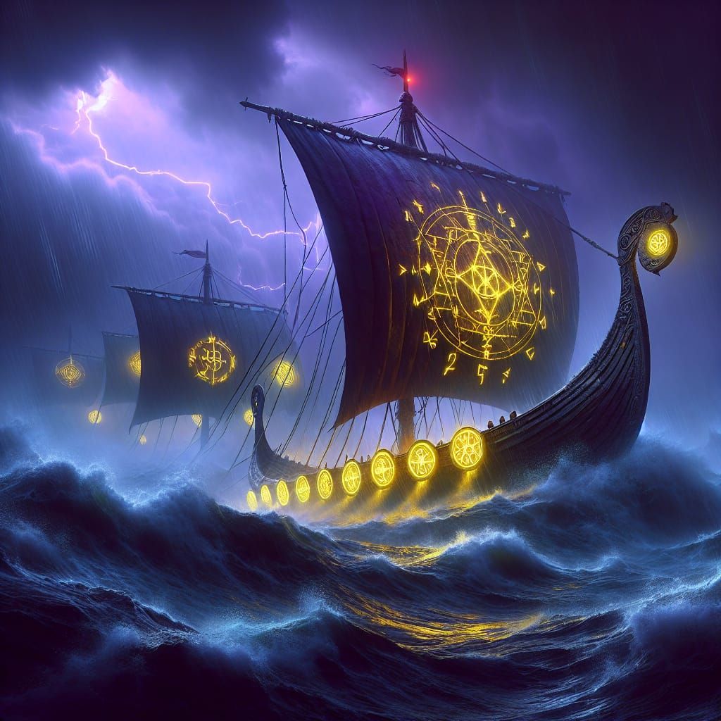 Viking Longboat Navigating Storm with Glowing Runes
