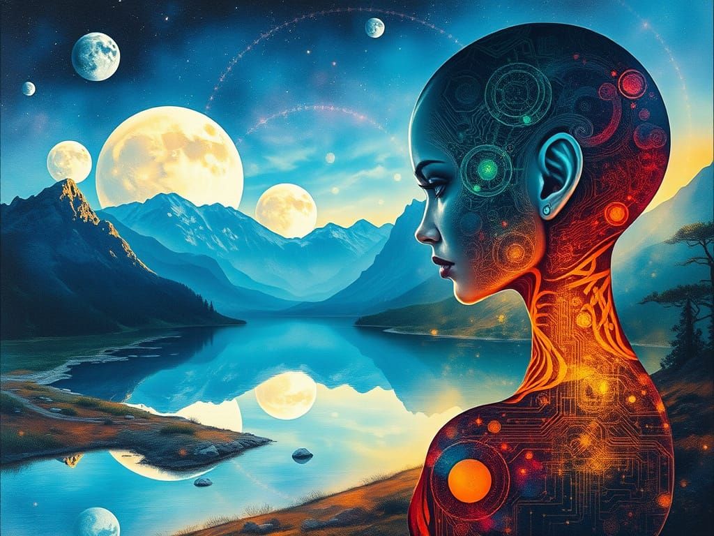 Ethereal Alien Goddess in Whimsical Watercolor Landscape