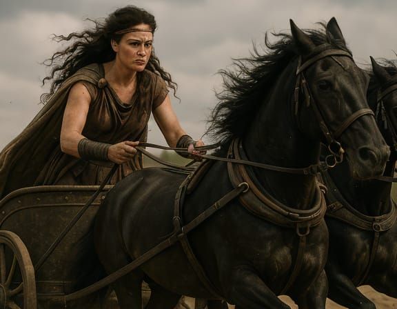 Boracia Rides Her Chariot in Golden Armor