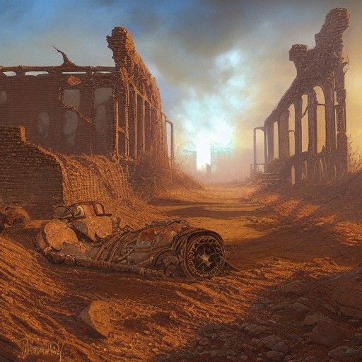 Retropunk Warrior in Wasteland Ruins as Oil Painting