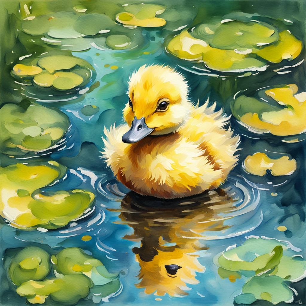 Baby Duckling in Pond as Gouache Painting