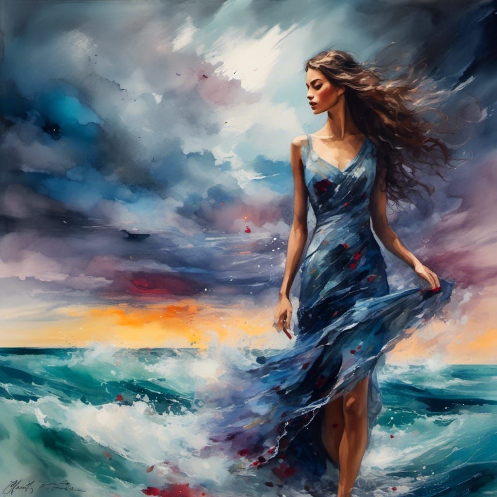 Woman in Stormy Ocean: Acrylic and Watercolor Art