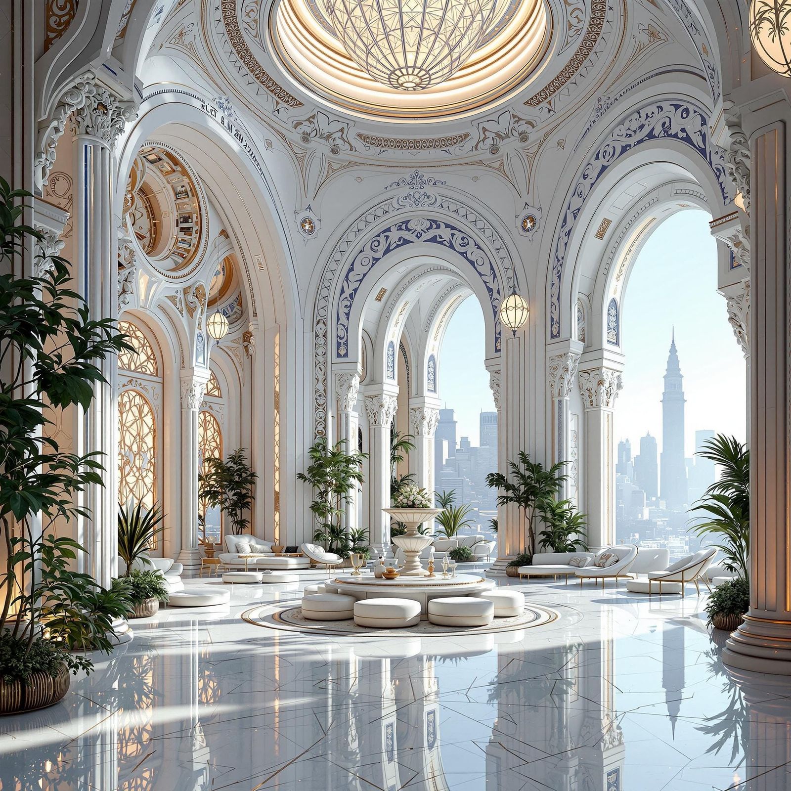 Ein Zimmer aus Marmor inmitten einer modernen Stadt.