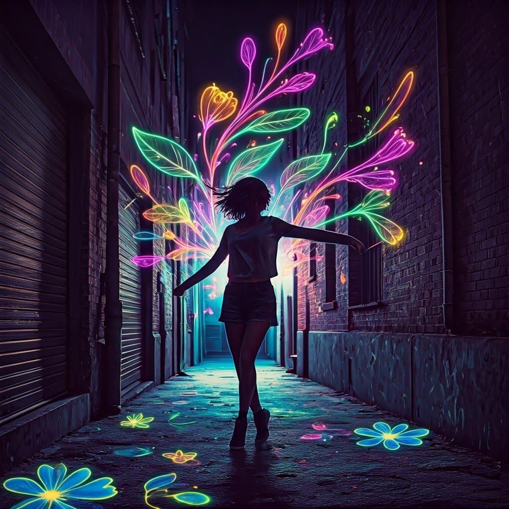 Woman Dancing in Fluorescent Flower Alleyway