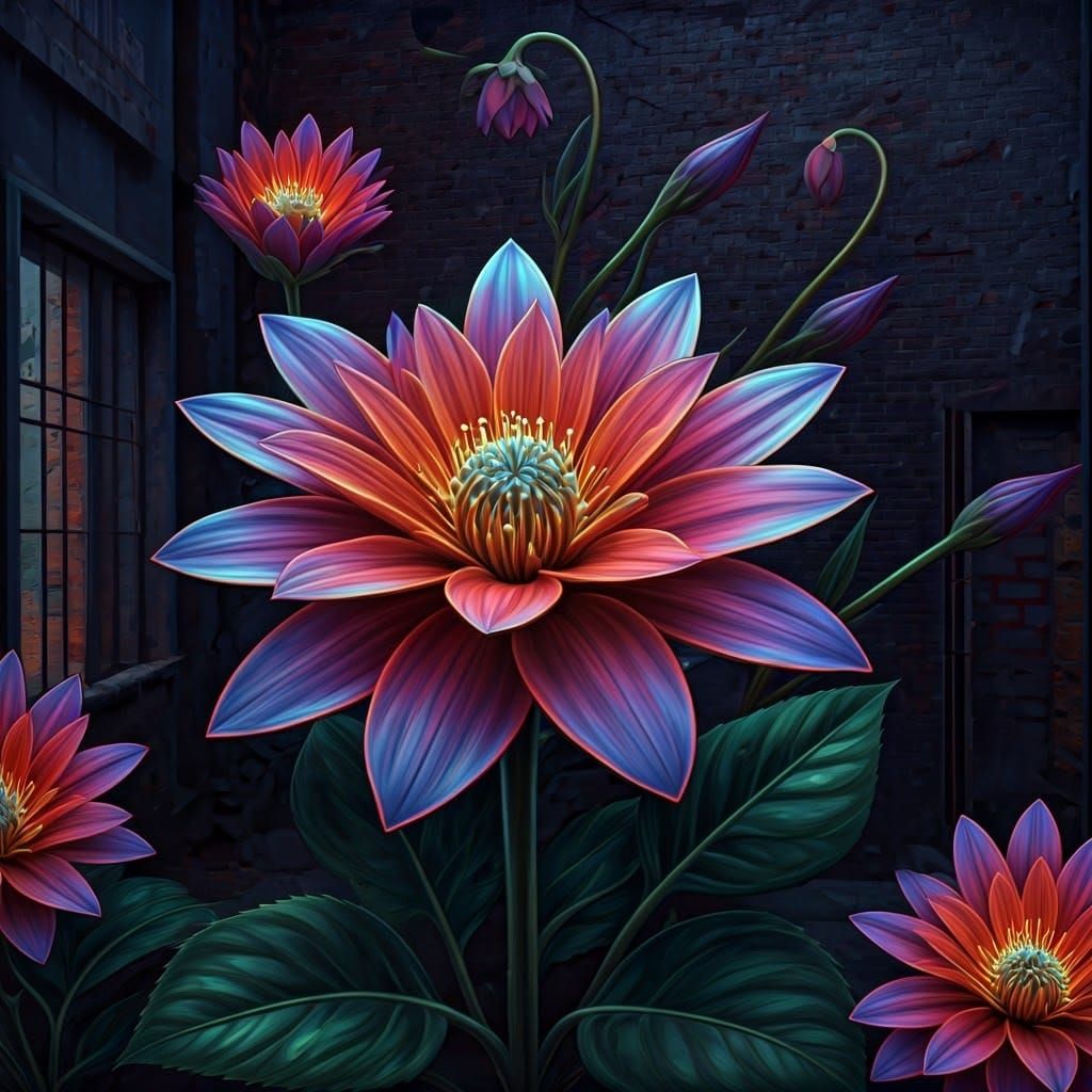 Bioluminescent Flowers in Cyberpunk Street Art