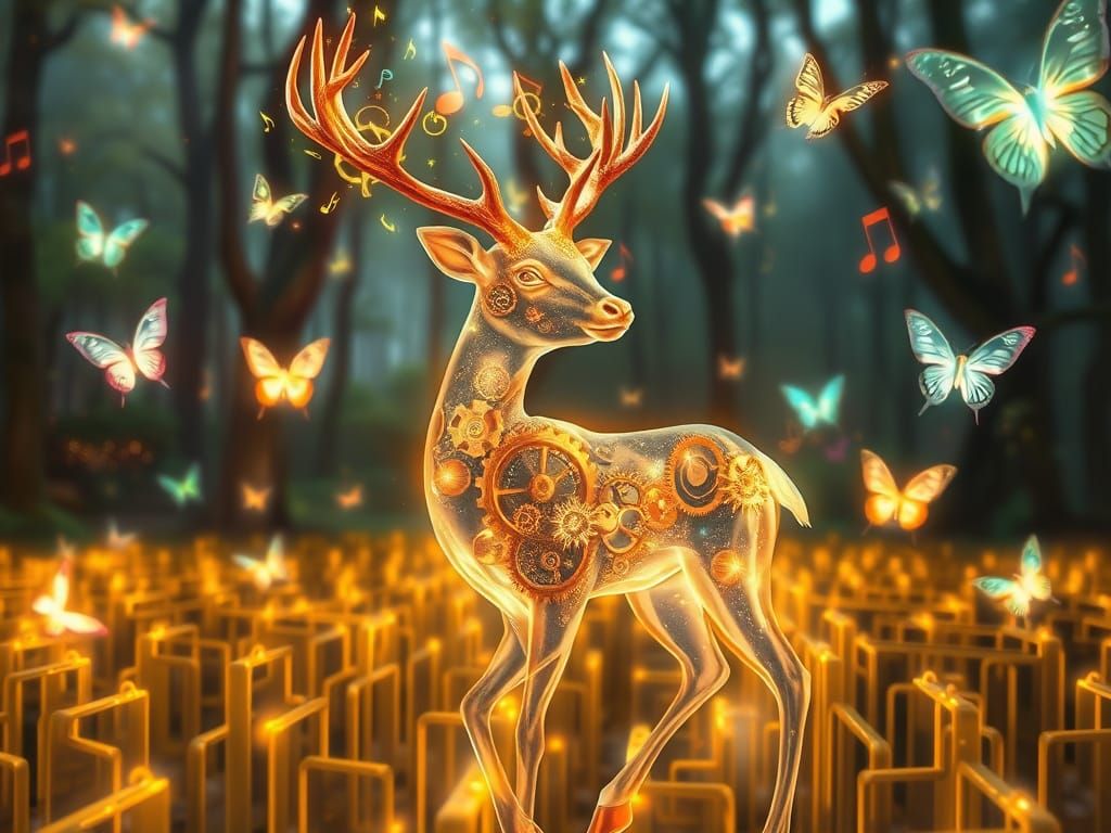 Ethereal Deer with Gears in Enchanted Forest