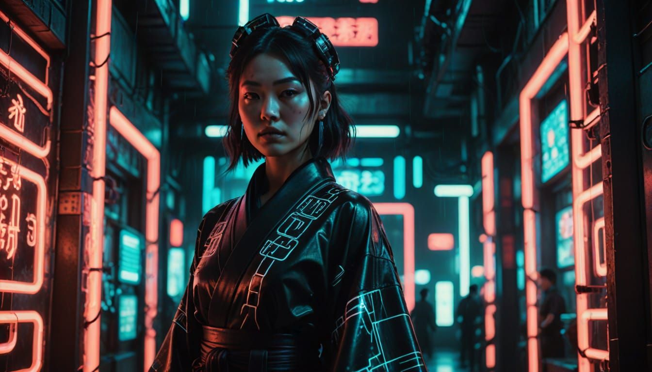 Cyberpunk Goddess in Latex Kimono on Futuristic Temple