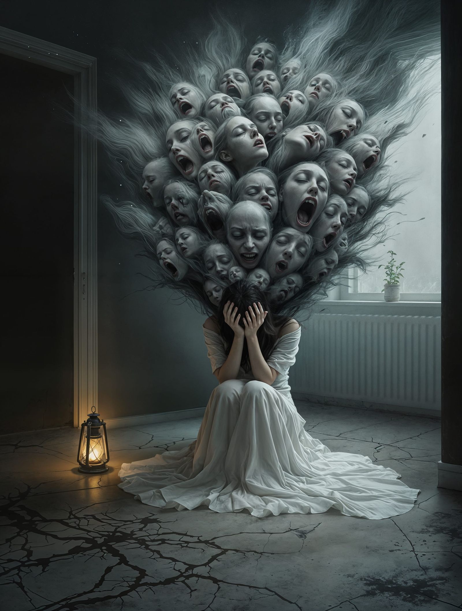 Surreal Portrait of Inner Turmoil in a Dark, Dreamlike Atmos...