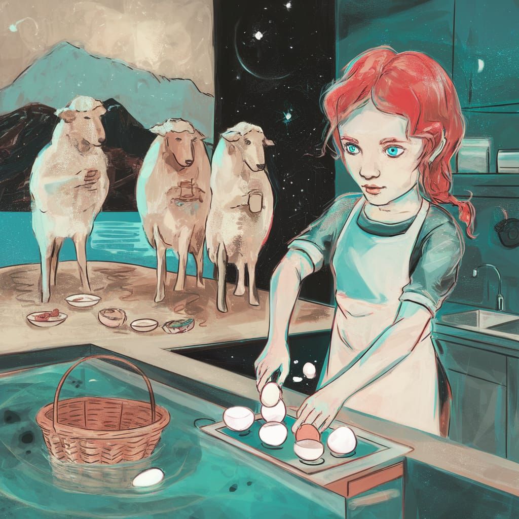 Girl Cracking Eggs in Kitchen with Pool: Illustration