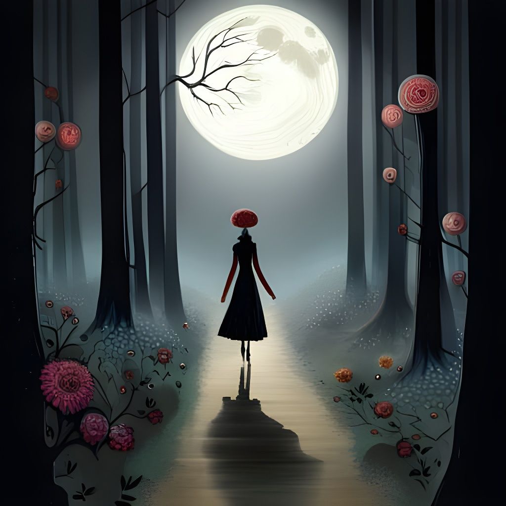 Whimsical Gothic Forest Walk Under Eyeball Moon