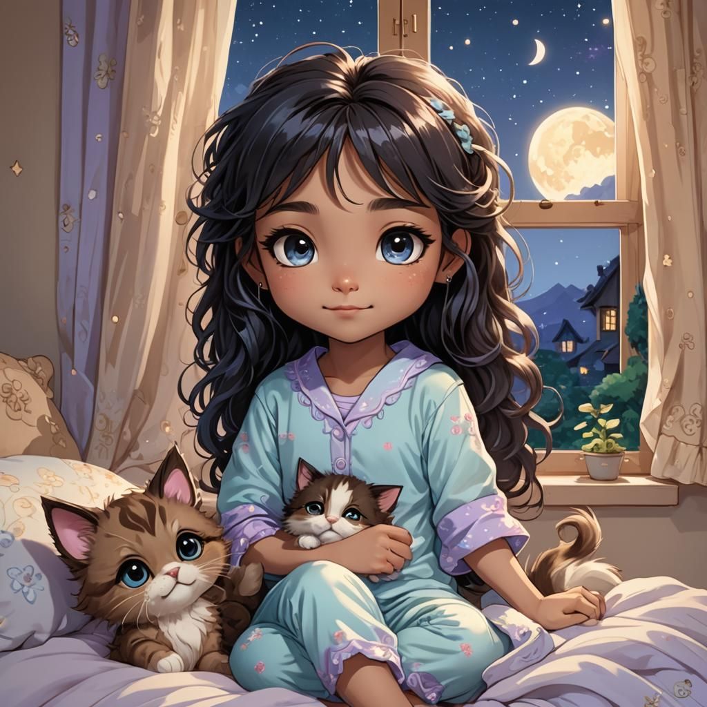 Chibi Girl Petting Kitten in Bed at Night