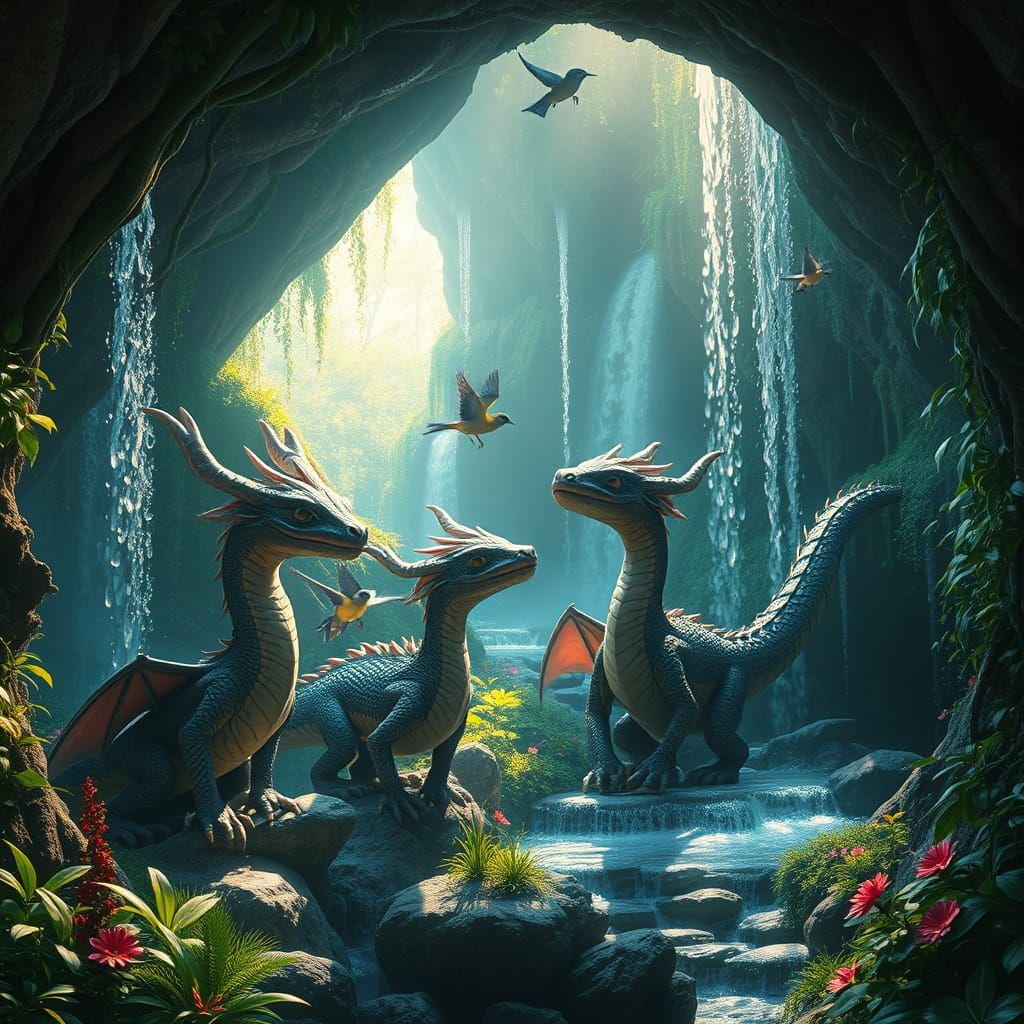 Friendly Dragons in a Hyperrealistic Grotto Scene