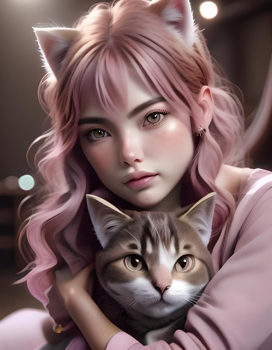 Chibi Portrait of Pink-Haired Person Hugging Cat