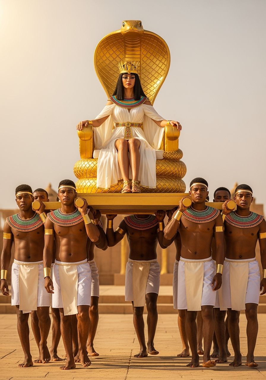 Regal Egyptian Queen on Cobra Throne, Photorealistic Style