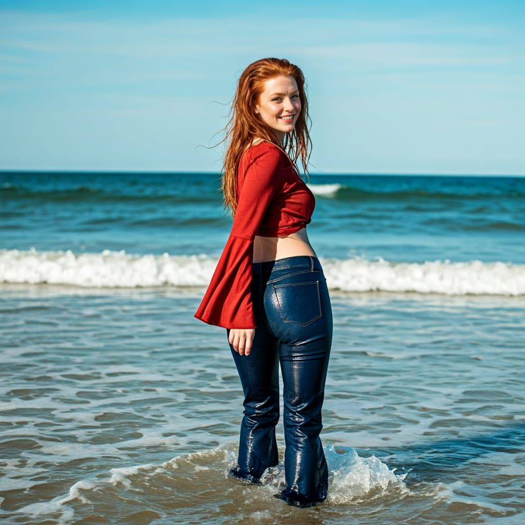 Ginger Woman Wades into Surf on Sunny Afternoon