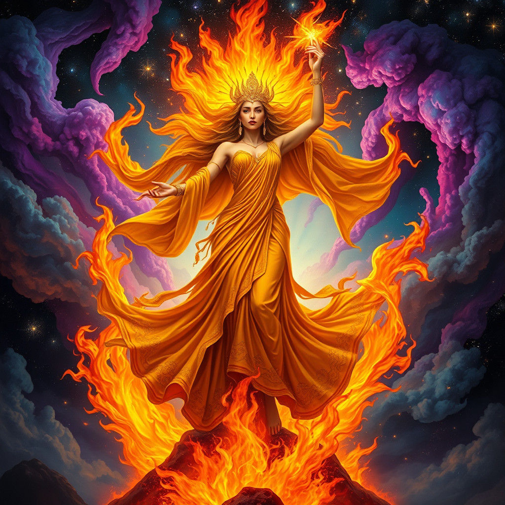 Fire Goddess Rising from Flames in Surreal Style