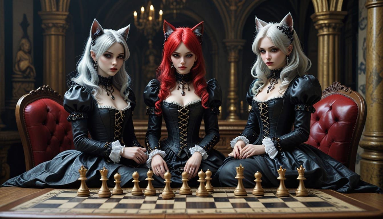 Baroque Gothic Catgirls Playing Chess