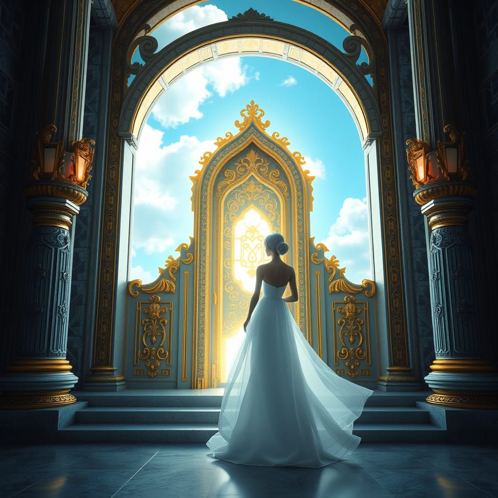 Ethereal Woman Approaches Radiant Doorway in 3D Art