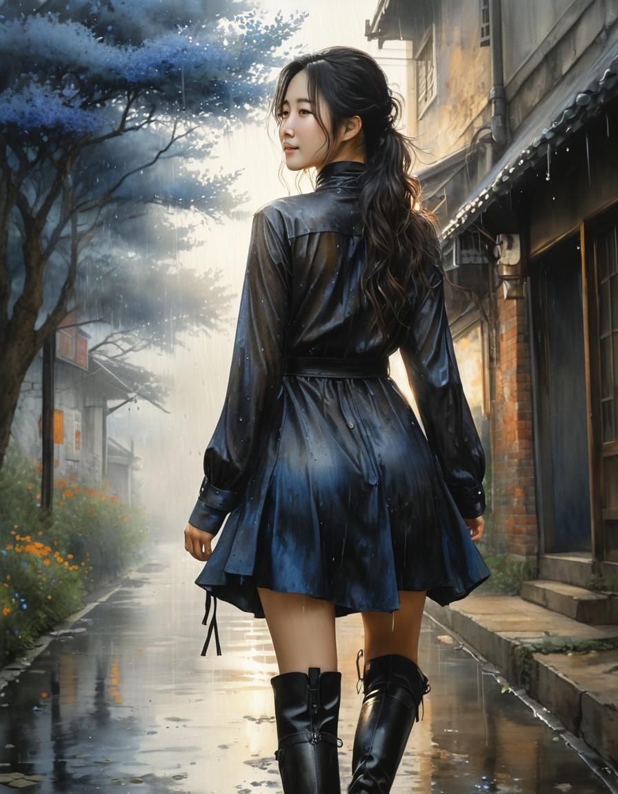 Ethereal Watercolor: Korean Woman in Ruined City