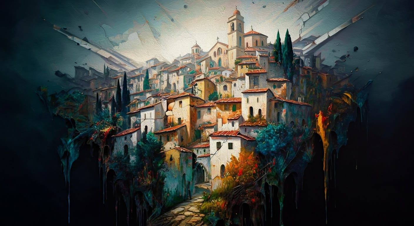 Surrealist Oil Painting of Enchanted Old-World Town