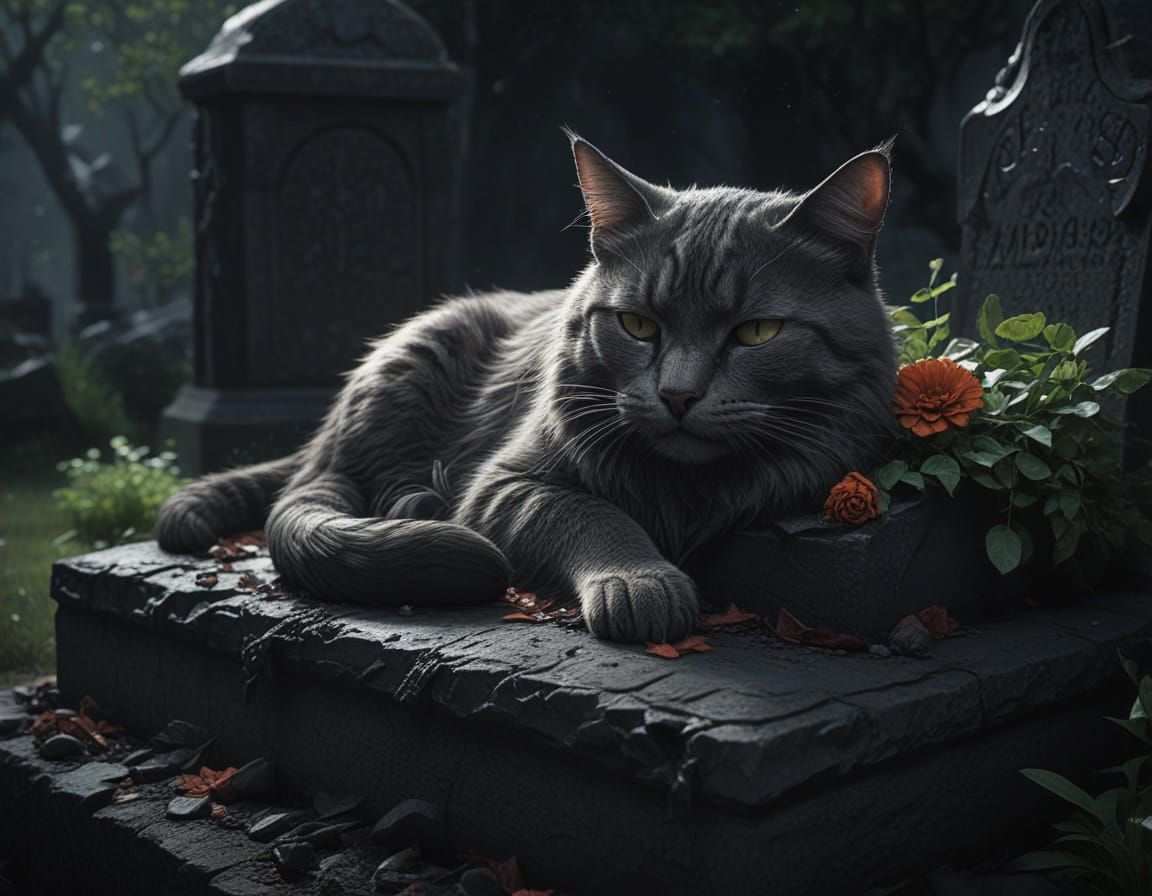 Dark Fantasy Cat Sleeping on Grave, Hyperrealistic Splash Ar...