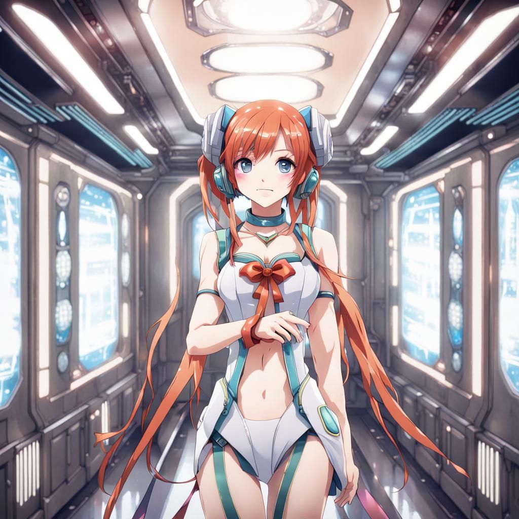 Redhead Gravure Idol on Spaceship in Anime Style