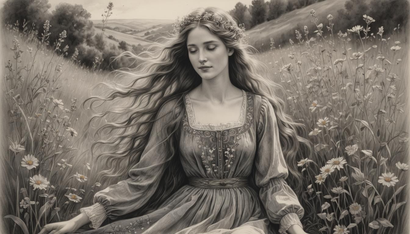 Woman in Meadow: Pre-Raphaelite Charcoal Drawing