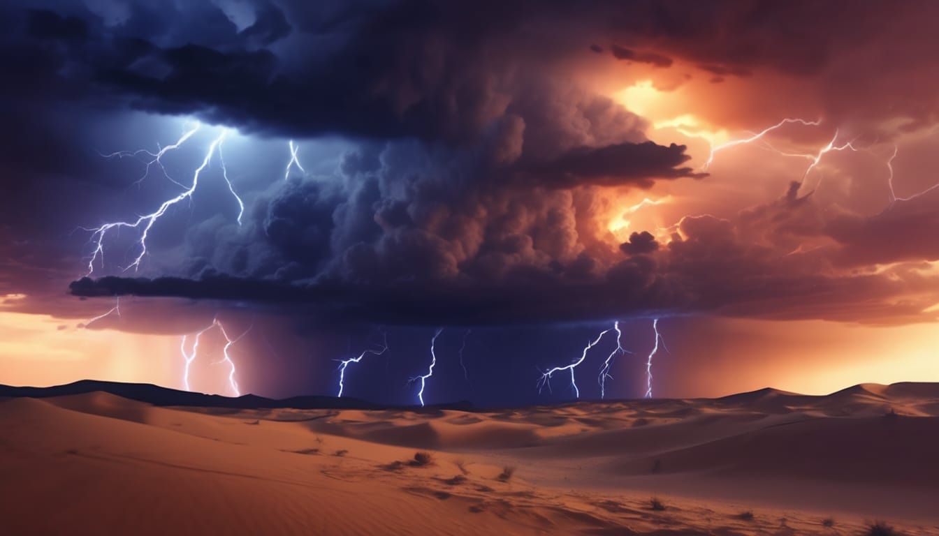 Orange Storm Illuminates Desert Dunes: Oil Painting