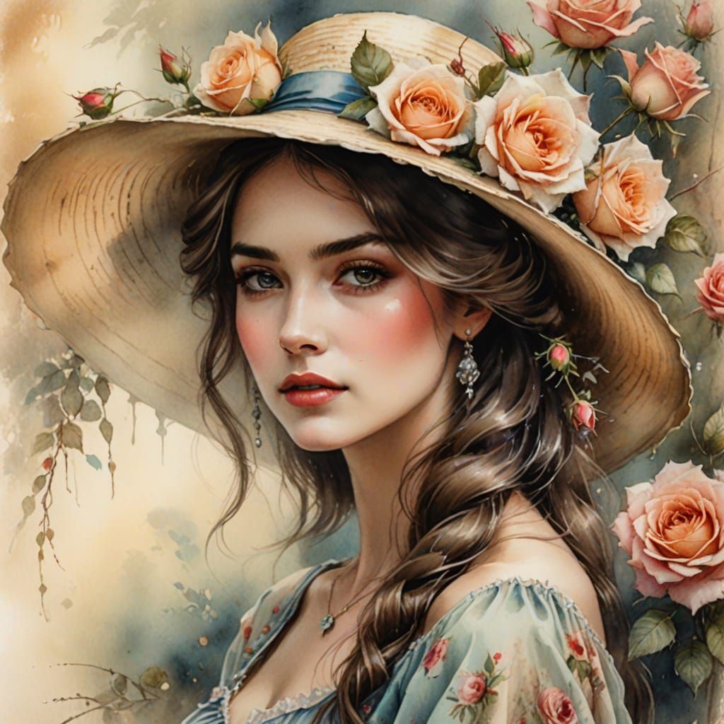 Lady in Floral Hat, Watercolour Portrait with Roses