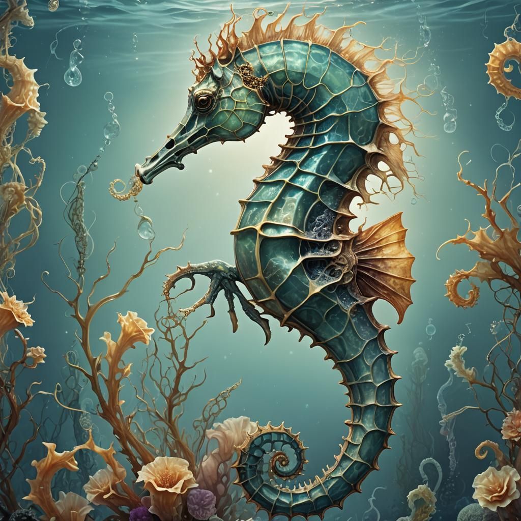 Bioluminescent Seahorse with Cybernetic Implants in Ocean De...